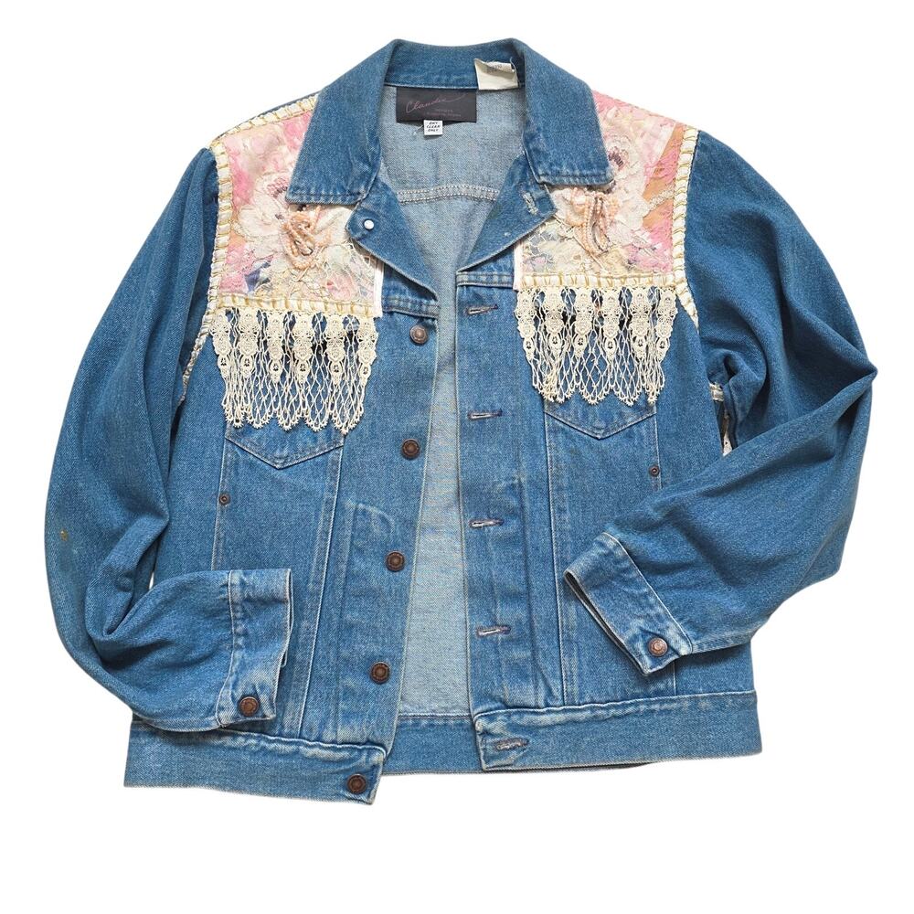 Wrangler Vintage Denim Patchwork Jacket Medium Beaded Lace Retro 80s